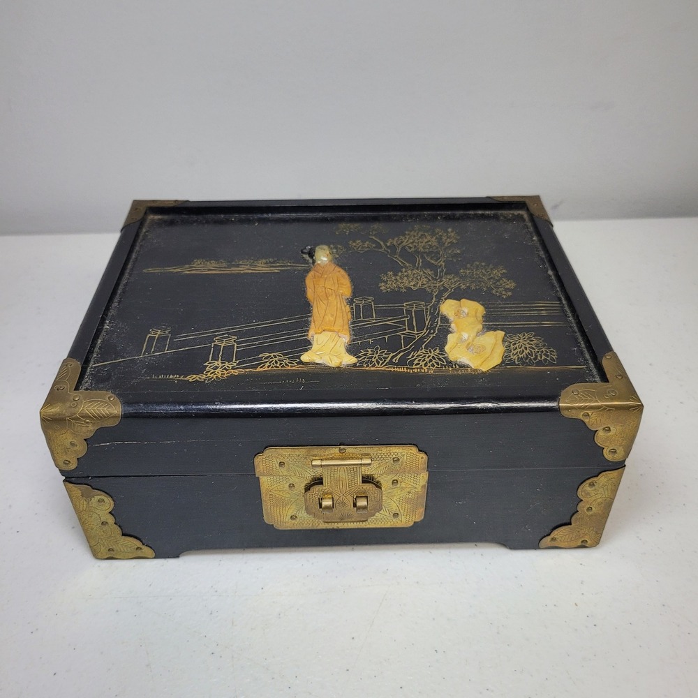 Vintage‎ Asian Jewelry Box Black Lacquer Soapstone Inlay Brass Hardware Mirror